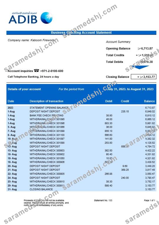 Abu Dhabi Islamic Bank company checking account statement Word and PDF template